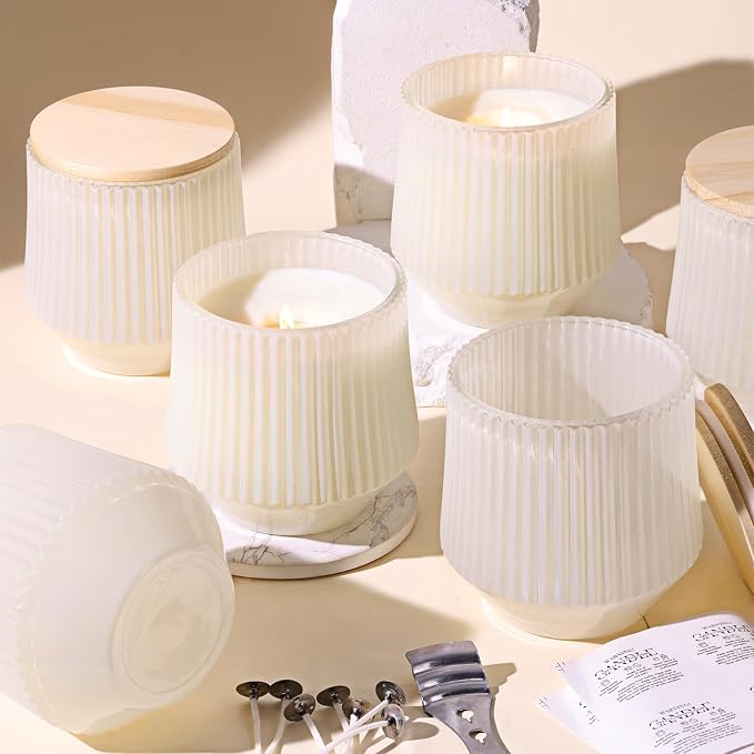 simeitol 13 OZ White Candle Jars for Making Candles - 6 Pack Ribbed Glass Candle Jars, with Bamboo Lids and Candle Wick Kit, Candle Making Jars Bulk for DIY