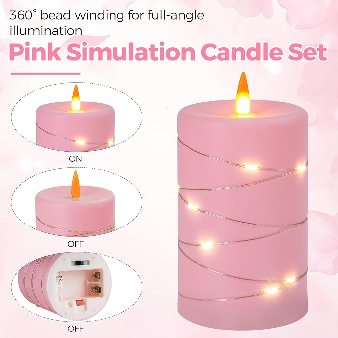Rose Pink Flameless Candles with String Lights Battery Operated Flickering LED Pillar Candles with Remote Control Timer, Set of 3 for Living Room, Table Décor, Christmas Weddings