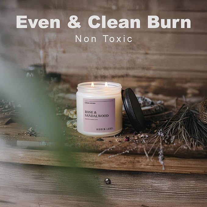 Hidden Label Rose Sandalwood Soy Candle, 12oz 2-Wick, 70H Floral Warmth | Non-Toxic Natural Wax, Paraben & Phthalate-Free, Clean Burn | Elegant Decor & Gift-Ready | Stress Relief & Grounding Calm
