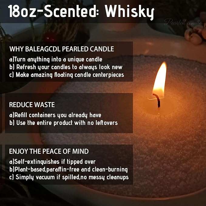 Oak & Amber Pearled Candle 18 Oz with 30 Wicks - Whisky Wine Scented Sand Candles White Refillable Wax Lasts Up to 120 Hours Smooth and Clean Burning for DIY Candle Making