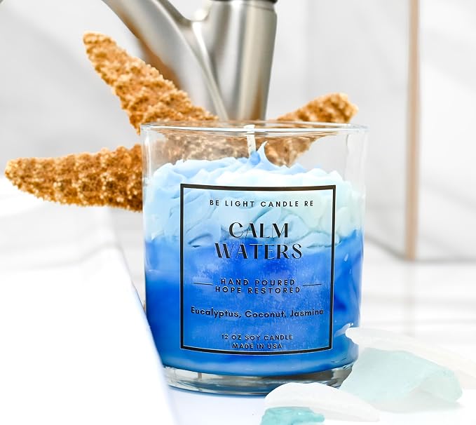 Coastal Beach Candle | Purpose-Driven Soy 12oz Scented Non-Toxic | Gifts for Women | Blue Aesthetic | Decorative Cute Candle | Be Light Candle RE (Calm Waters)