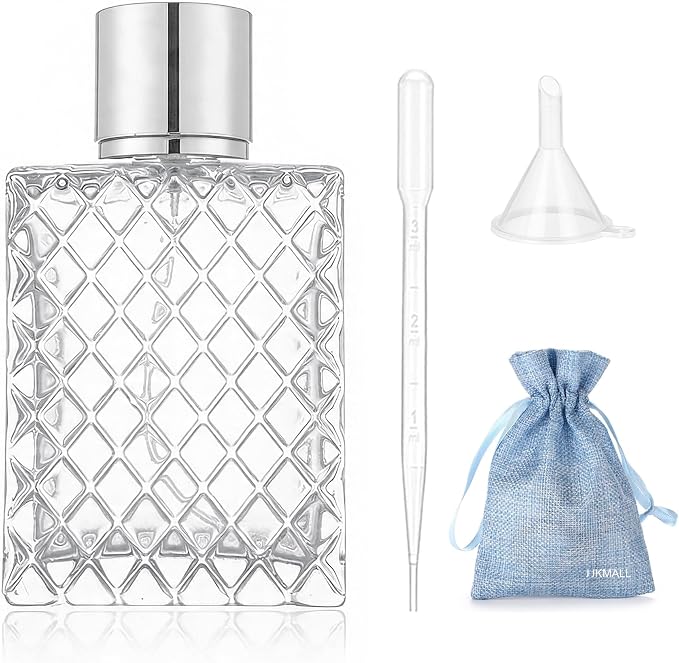 100ML 3.4oz Glass Spray Bottle, Clear, 1-Pack | Silver Aluminum Sprayer, For Essential Oils & Perfumes, Includes Funnel Filler, Includes 3ml Dropper