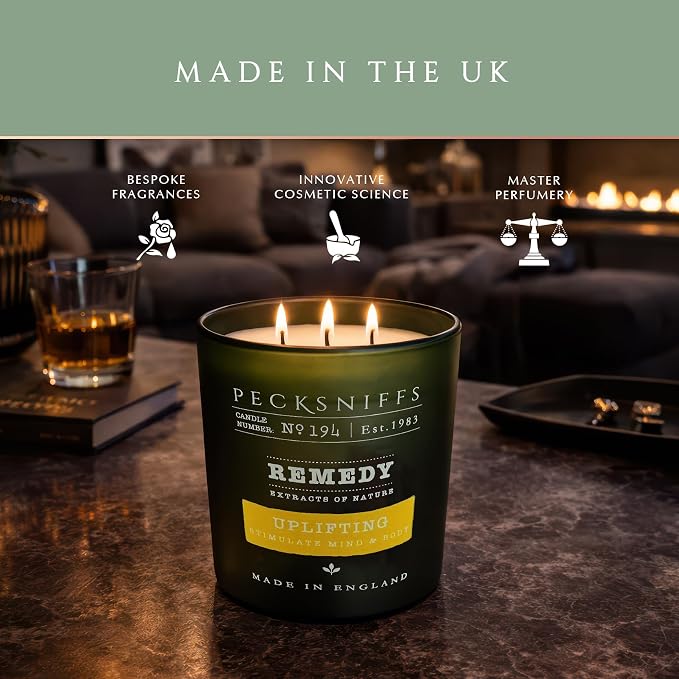 Pecksniff’s Aromatherapy Uplifting Candle 3 Wick 18.16 oz/515 g, Citrus Green Tea Fragrance, Grapefruit Lemon Notes, Energizing Luxury Glass Candle for Home and Gifts