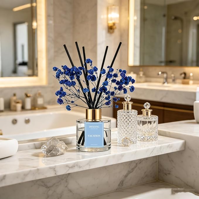 Reed Diffuser Set, 3.38 fl oz (100ml) Vacation Scent Oil Diffuser with 6 Reed Sticks, Natural Home Fragrance Reed Diffuser for Bathroom, Bedroom, Living Room Shelf Decor