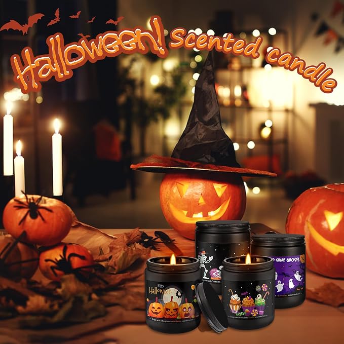 Halloween Scented Candles Set of 4 (7oz Each) – Spooky Aromatherapy Soy Wax Candles with Bat & Ghost Designs, Smokeless for All Saints' Day, Home Decor & Festive Gifts