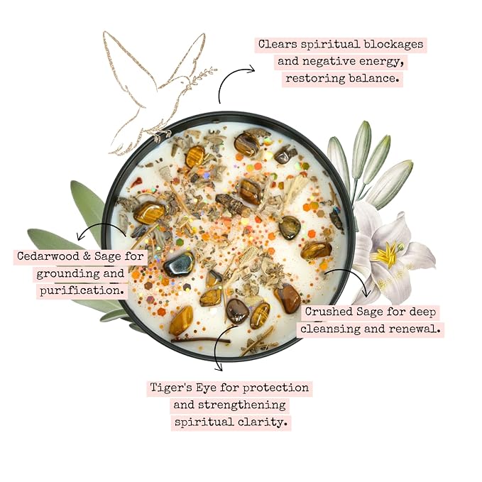 Circe Spell Candle “Spiritual Cleansing” Coconut Soy Wax Candle Jar– Premium Hand Poured & Long Burning– Herbs, Crystal & Natural Fragrance Oils- Clearing, Protection & Grounding- Self Care, Gift- 8oz