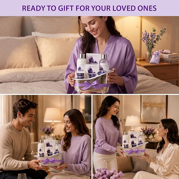 Gift Set for Women Body & Earth Gifts Set Lavender Gift Baskets For Women Bath Sets with Bubble Bath Body Lotion Scented Candle Mother‘s Day Gifts for mom