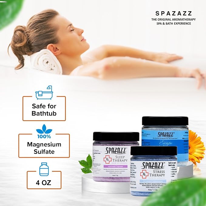 Spazazz Hot Tub Aromatherapy Spa Gift Set – Three 4 Oz Bath Salts in Sleep, Stress and Lavender Palmarosa with Tumbler, 5 Point Massager & Rubber Duck Bath Gift Set- Relaxing Gifts for Women