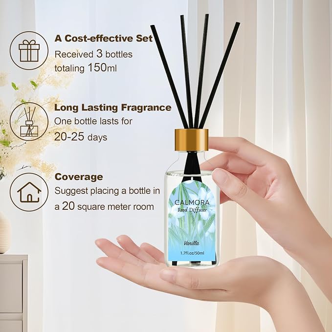CALMORA Reed Diffuser Set of 3, 50ml Citrus/Linen/Vanilla Scented Oil Diffuser with 15 Sticks | Home Fragrance for Bedroom, Bathroom, Office & Living Room for Women Men