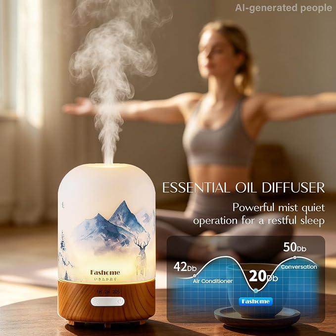 Essential Oil Diffuser, Hand Blown Glass Aromatherapy Diffuser, Ultrasonic Cool Mist Scent Aroma Humidifier, Diffuser Oil Machine Whisper Quiet with Auto Shut-Off for Home Bedroom Office(<25dB)