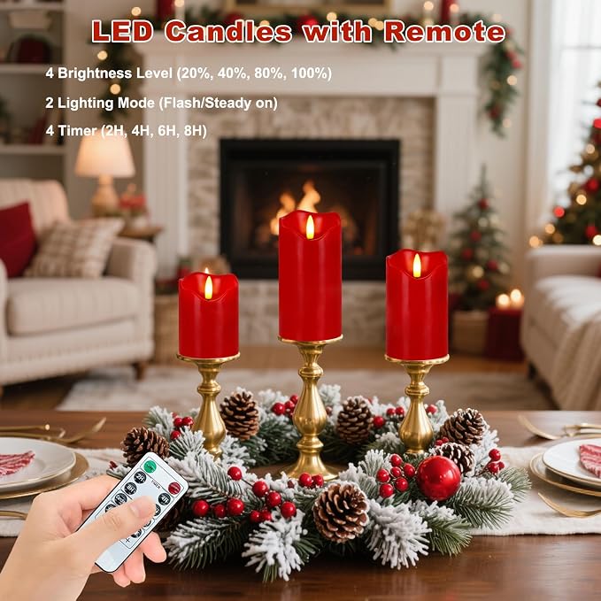 VEEKI Flameless Candles Lights, Set of 3 Flickering LED Candles with Remote & Timer, Dimmable Real Wax Electric Pillar Candles Battery Operated, Red Candles for Home Christmas Decor (Red)