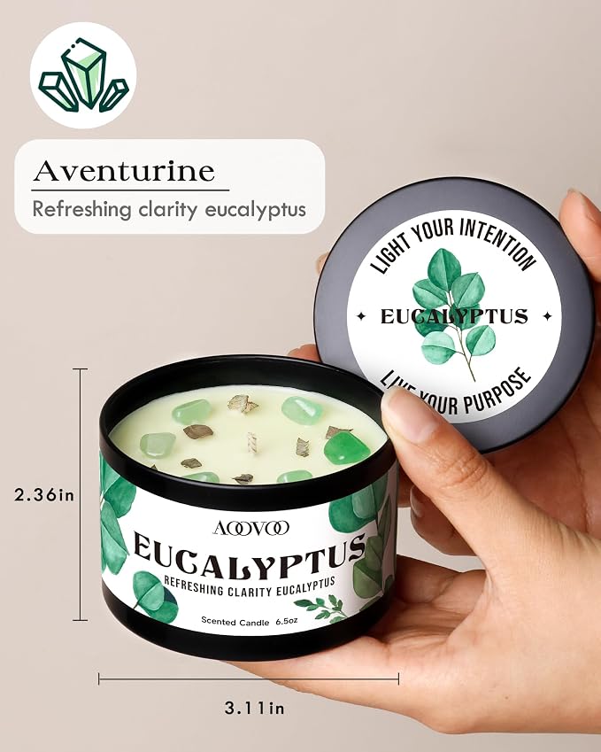 AOOVOO 2 Pack Eucalyptus Mint Candles – Aromatherapy Candle with Crystals & Eucalyptus Leaves, 13oz 100 Hours Long Lasting, Non Toxic Soy Candle for Home Spa Relaxation Meditation Yoga