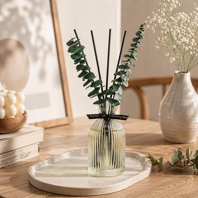 Airkeep Reed Diffuser Set 6.76 oz – Wild Mint & Eucalyptus Decorative Home Fragrance with Eucalyptus Sticks, Ribbed Glass Diffuser for Bathroom & Bedroom Décor, Gift Ready