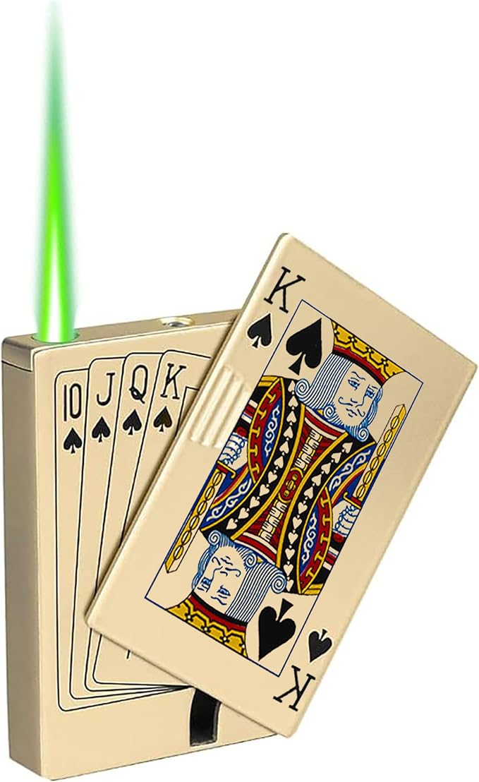 Jet Torch Lighter, Green Flame King Card Lighter, Metal Poker Design Windproof Refillable Butane Cool Lighter, Outdoor, Indoor, Camping, BBQ, Candle, Birthday, Gift for Men/Women (Without Gas)