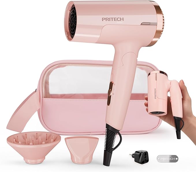 PRITECH 1250W Dual Voltage Travel Hair Dryer - Foldable Blow Dryer with Concentrator Diffuser,110V/220V Worldwide Use, Compact Lightweight Design, EU Plug Included