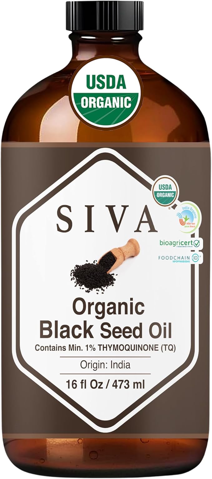Siva Black Seed Organic Oil 16oz (473ml) Premium Cold-Pressed Organic Carrier Oil for Face, Skin Care, Body Massage, Hair Care, Hair Oiling & Scalp Massage