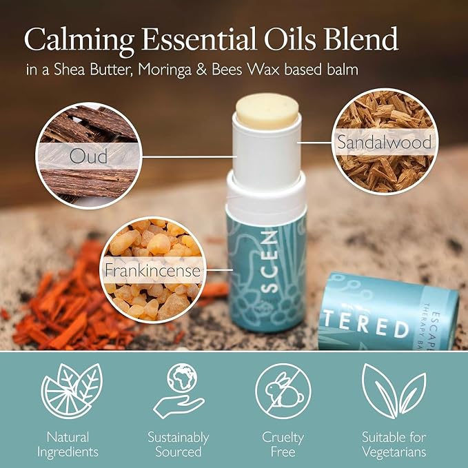 Scentered Aromatherapy Balm Stick - Escape - Natural Calm Essential Oil Roll On - Meditation Aid for Relaxation & Self-Care - Frankincense, Oud, Sandalwood - Mindfulness Gifts for Women