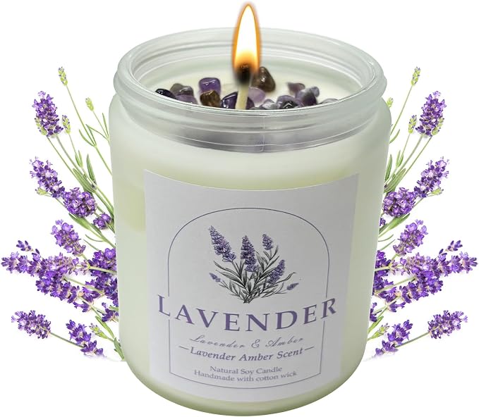 Lavender Amber Scented Candles with Crystals Inside, 9oz Soy Candles for Home Decor, Birthday Spiritual Gift Mothers Day Candle for Women Mom