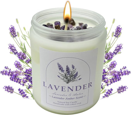 Lavender Amber Scented Candles with Crystals Inside, 9oz Soy Candles for Home Decor, Birthday Spiritual Gift Mothers Day Candle for Women Mom