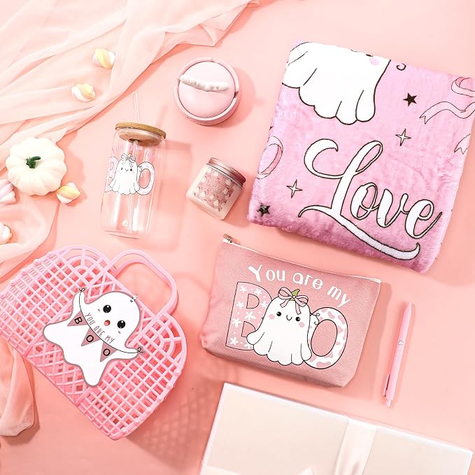 Roshtia 7 Pcs You're My Boo Jelly Basket Stuffers for Women Ghost Boo Throw Blanket Glass Mug Candle Jar Makeup Bag Plastic Handbag with Pen Card Girlfriend Gift