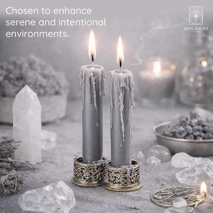 SOUL STICKS Wisdom Magic Spell Chime Taper Candles 20 Pack - Ideal for Altar, Rituals, Ceremonies, Meditation Grey Tapered Candle for Witchcraft Supplies, Wiccan Supplies, Candles Clearance