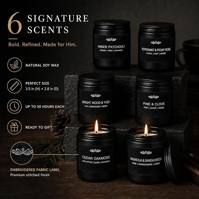 6 Pack Candles for Home Scented Aromatherapy Candles Gifts Set for Men, Men Candle Set, 42 oz 300 Hour Long Lasting Candles, Gifts for Mens Birthday Fathers Day Anniversary Present