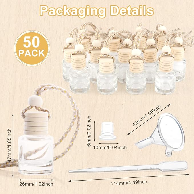 50 Pcs/Set,8ml Hanging Car Air Freshener Diffuser,Empty Refillable Clear Glass Essential Oil Fragrance Perfume Diffuser Pendant Glass Vials with Wooden Caps & Hanging String,Cylindrical Style