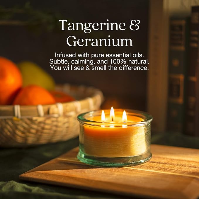 Bluecorn Botanica Beeswax 3-Wick Candle – Tangerine & Geranium, 100% Pure Beeswax & Essential Oils – 10oz Hand-Blown Recycled Spanish Glass – Non Toxic, Clean Burning, Refillable Glass Jar
