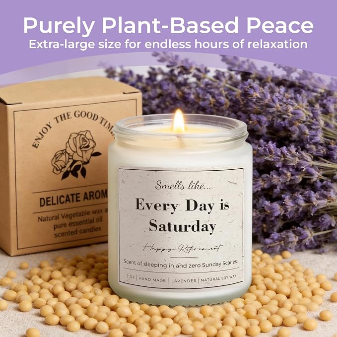 Retirement Gift for Woman, Men - Every Day is Saturday - 7oz Lavender Scented Soy Wax Candle, Funny Retired Gifts for Women, Coworker, Boss, Teacher, Friend, Farewell Present