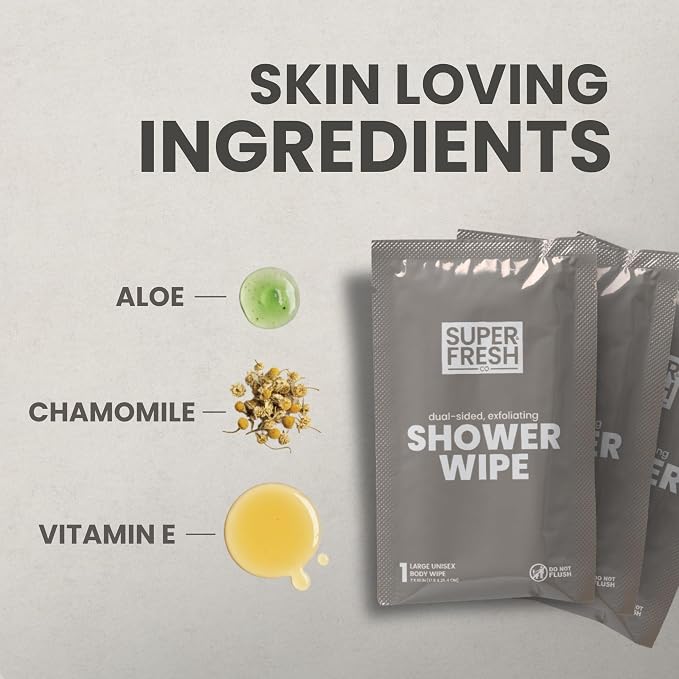 Super Fresh Shower Body Wipes, Travel Essentials for Camping, Large Sandalwood Wipes for Adults, Women, Men, Kids Personal Hygiene Cloth Enriched with Aloe and Vitamin E, Individually Wrapped 10 Pack