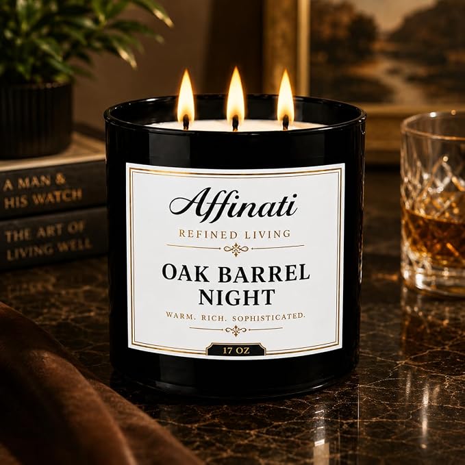 Affinati Oak Barrel Night 3 Wick Scented Candle – Large Soy Blend Candle, Strong Scent Throw Rich Woody Masculine Lounge Evening Candle, Premium Room Odor Eliminator Gift