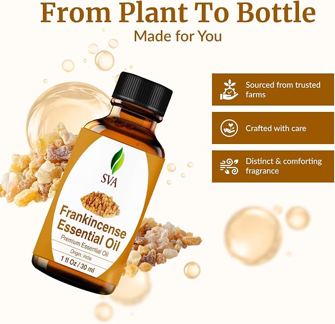 SVA Frankincense Essential Oil – 1 Fl Oz – 100% Natural Boswellia Serrata Oil - for Diffuser, Hair Care, Face, Skin Care, Aromatherapy, Scalp and Body Massage, Soap and Candle Making - with Dropper