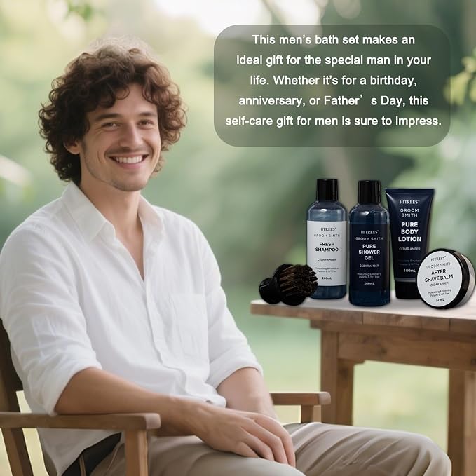 Fathers Day Gifts for Men Dad Care Package Self Care Kit, 5 Pcs Cedarwood & Amber Fragrance Spa Gifts for Man, Fathers Day Gifts, Travel Kit For Men,Mens Travel,Christmas Gift for Women