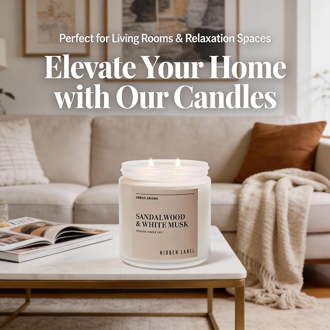 Hidden Label Sandalwood White Musk Soy Candle, 12oz 2-Wick, 70H Zen Calm | Non-Toxic Vegan Soy Wax | Sandalwood & White Musk Grounding Scent | Even Melt No Tunneling | Yoga Meditation Relaxation Gift