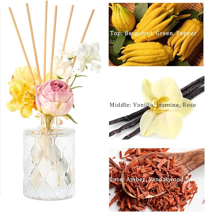 Amber Reéd diffuser, 6.7 oz Natural Essential Scented Oil, Pink Yellow and White Flowers Reéd Diffuser Sticks, Bathroom, Home & Office Decor, Preppy Room Decor, Amber Diffuser Oil Gift Set