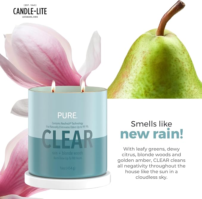 Candle-Lite Pure Rain & Blonde Woods Odor Eliminating Scented Candles, Neofresh Technology Eliminates 99.9% of Odors, 16 oz 2-Wick Jar, Proudly Poured in The USA, Up to 60 Hours Burn Time