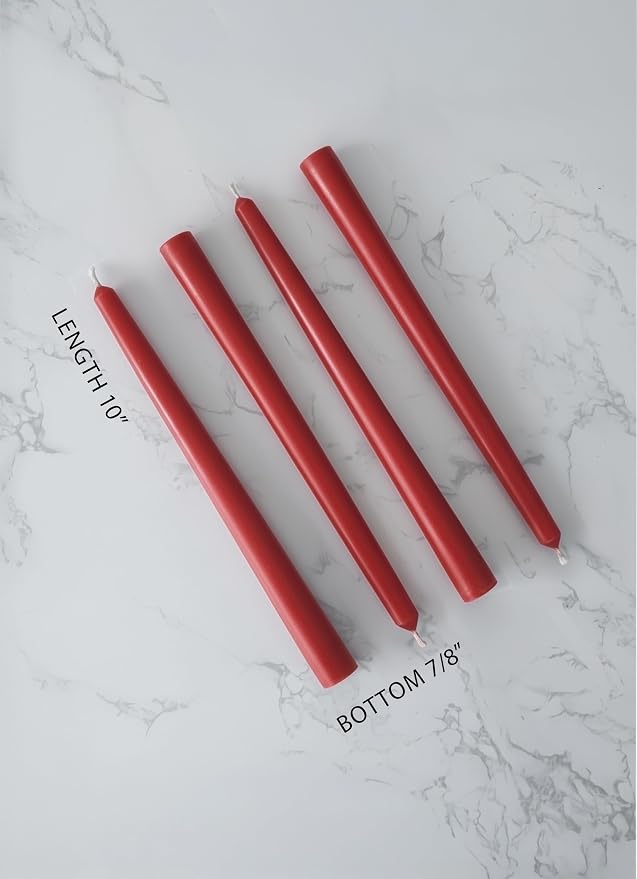 10" Classic Taper Candles, Red, 4-Pack, 7-8 Hours Long Burning, Unscented Tall Candlesticks
