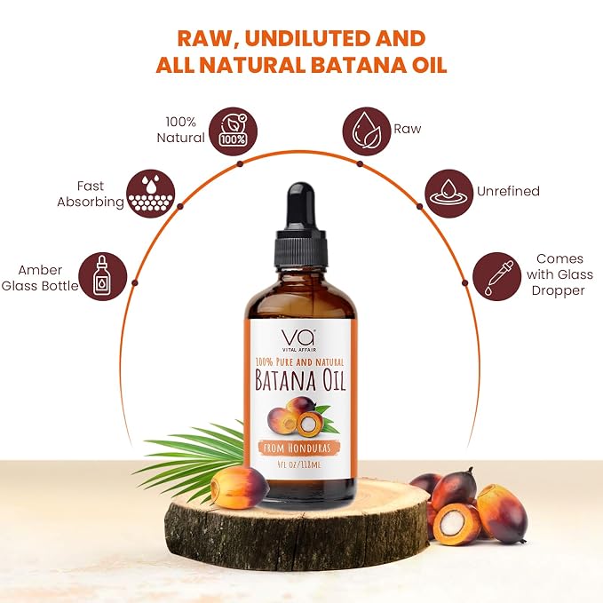 VITAL AFFAIR Batana Oil-Hair Growth Oil-4 Fl Oz-Glass Bottle-Cold Pressed-100% Raw-Dr Sebi Recommended-Essential Nutrients-For Women & Men