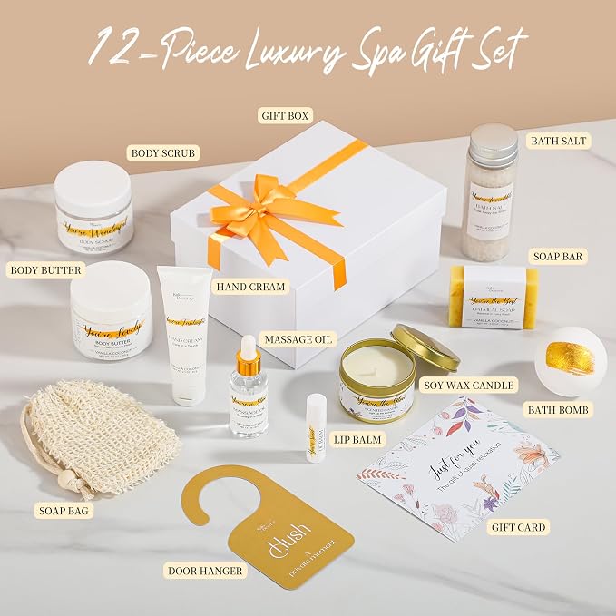 Spa Gifts for Women Vanilla Coconut Self Care Set Birthday Baskets Christmas Relaxing Home Kit Luxurious Bath and Body Gift for Mom Her Sister Teacher Friend Friendship Thinking of You Thank You Box