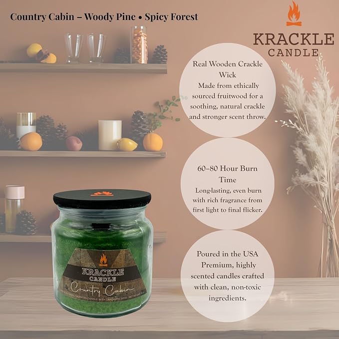Krackle Candle | Country Cabin | 16 oz Scented Candle with Natural Crackling Wooden Wick | Poured in the USA | Woody Pine & Spicy Forest Fragrance