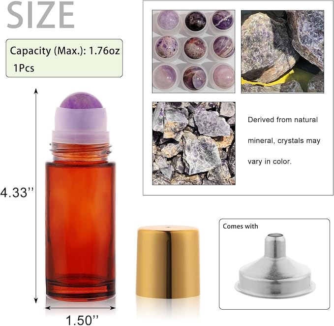 2 pack Large Amber Glass Roll on Bottles for Essential Oils Perfume Refillable Roller Ball Applicator Empty Deodorant Containers with Purple Crystal Rollerball