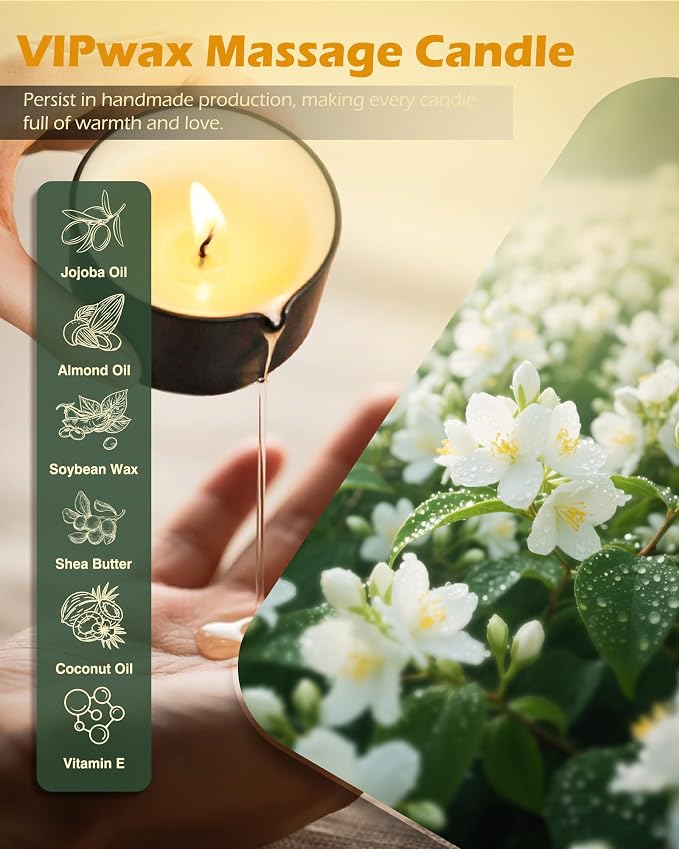 Soybean Wax Warming Massage Oil Candle for Stress Relief and Skin Moisturizing, Couples Massage, Romantic Gift SPA for Home Scented Candle Body Oil - Jasmine Scent 2.35 OZ