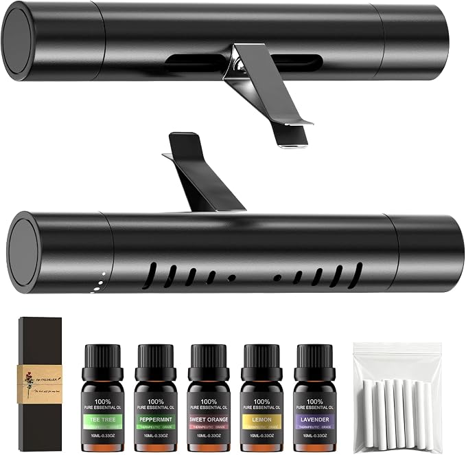 2pcs Car Air Freshener Diffuser Vent Clips, Premium Gift Set with 5 Different Essential Oil (0.34oz Each) & 12 Refill Sticks, Car Diffuser Packaging for Office, Kitchen, Bathroom