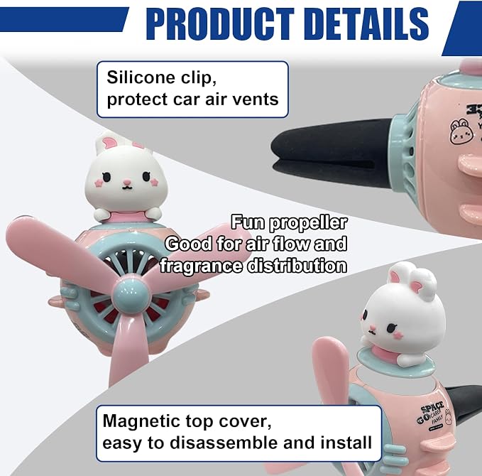 Pilot Rabbit Car Dashboard Air Vent Trim Clip, Cute Cartoon Car Rotating Propeller Air Outlet Decoration, Cool Automotive Interior Perfume Diffuser Ornament Accessories (Rabbit)
