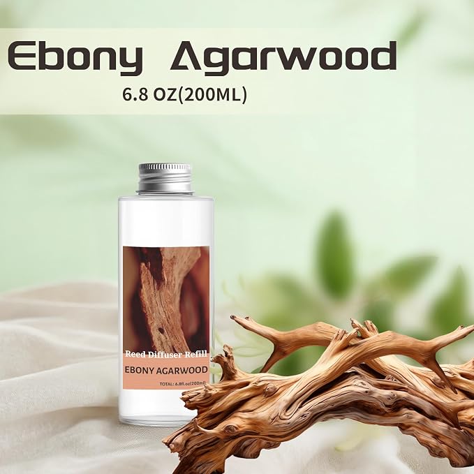 STRN Reed Diffuser Oil Refill, Ebony Agarwood Scented Diffuser Oil Refills with 6 Reed Sticks 200ML(6.8fl.oz), Room Fresheners for Home, Long-Lasting Summer Fragrance for Living Room, Bedroom, Office