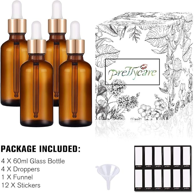 PrettyCare 2 oz Dropper Bottles, 4 Pack Amber Glass Bottles 60ml with Golden Caps, 12 Labels, Funnel & Measured Pipettes-Empty Tincture for Essential Oils & Skincare