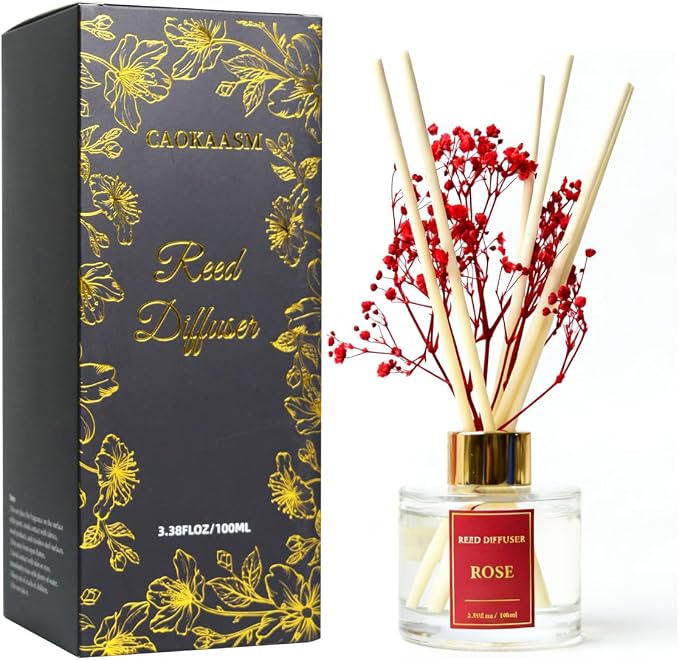 Reed Diffuser Set-Rose Scent Fragrance Oil Diffuser with 6 Reed Sticks | Home & Bedroom Bathroom Decor,3.38 fl oz (100ml)