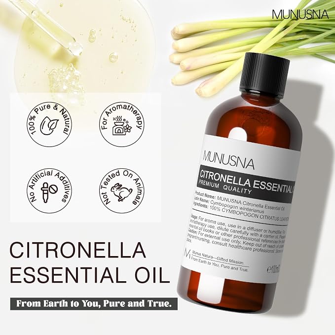 Citronella Essential Oil 100ML, 100% Pure and Natural Citronella Oil Premium Grade Aromatherapy Oil for Skin Care, Massage, Homemade Sprays, Diffuser, Air Freshening, Candle and Soap Making