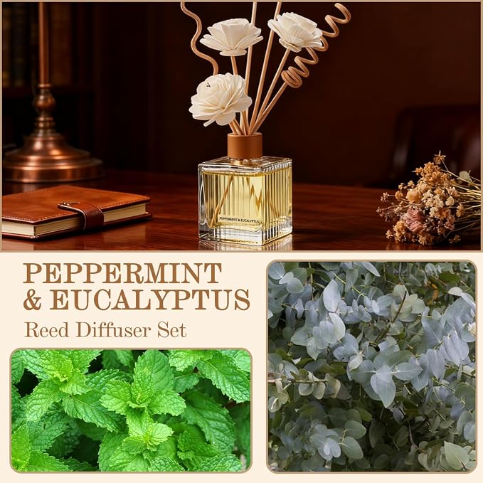 Peppermint & Eucalyptus Reed Diffuser - 6.7 oz Glass Bottle with 4 Rattan Sticks, 3 Dried Flowers | Adjustable, Long-Lasting Scent for Home, Bedroom, Living Room, Office, Bathroom | Aromatherapy Gift