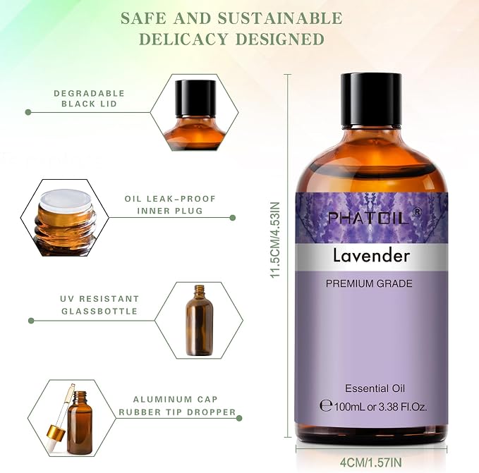 Lavender 3.38fl.oz Essential Oil, PHATOIL Aromatherapy Essential Oils for Diffuser, Humidifier, Perfect for DIY Soap, Candle, Bath Bombs Making(100ml)